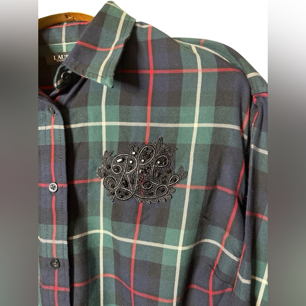 Lauren Ralph Lauren Women’s Plaid Button Up Top Sz 1X Black Green Preppy Country - Picture 4 of 12